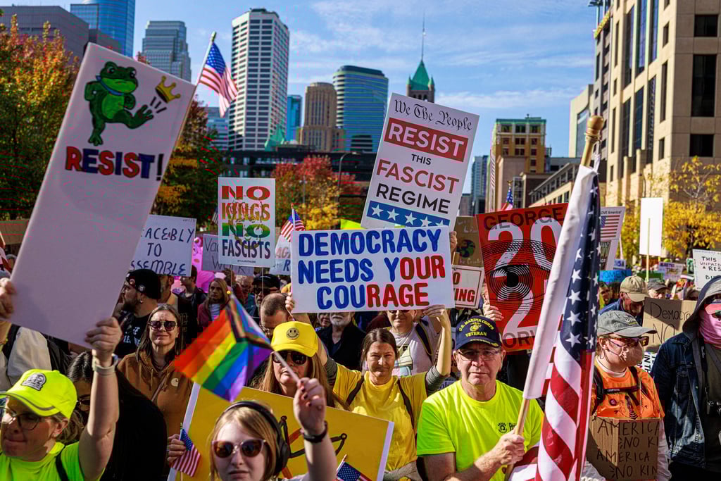 Protesters march in Minneapolis, Minnesota, on Saturday. Organisers estimated that more than seven million people marched in the ‘No Kings’ rallies held from New York to Los Angeles. Photo: TNS