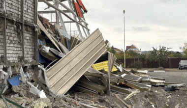 A crater next to a sports complex building destroyed by what local authorities called a recent Ukrainian missile attack in the course of Russia-Ukraine conflict, in the settlement of Maslova Pristan in the Belgorod Region, Russia October 8, 2025
