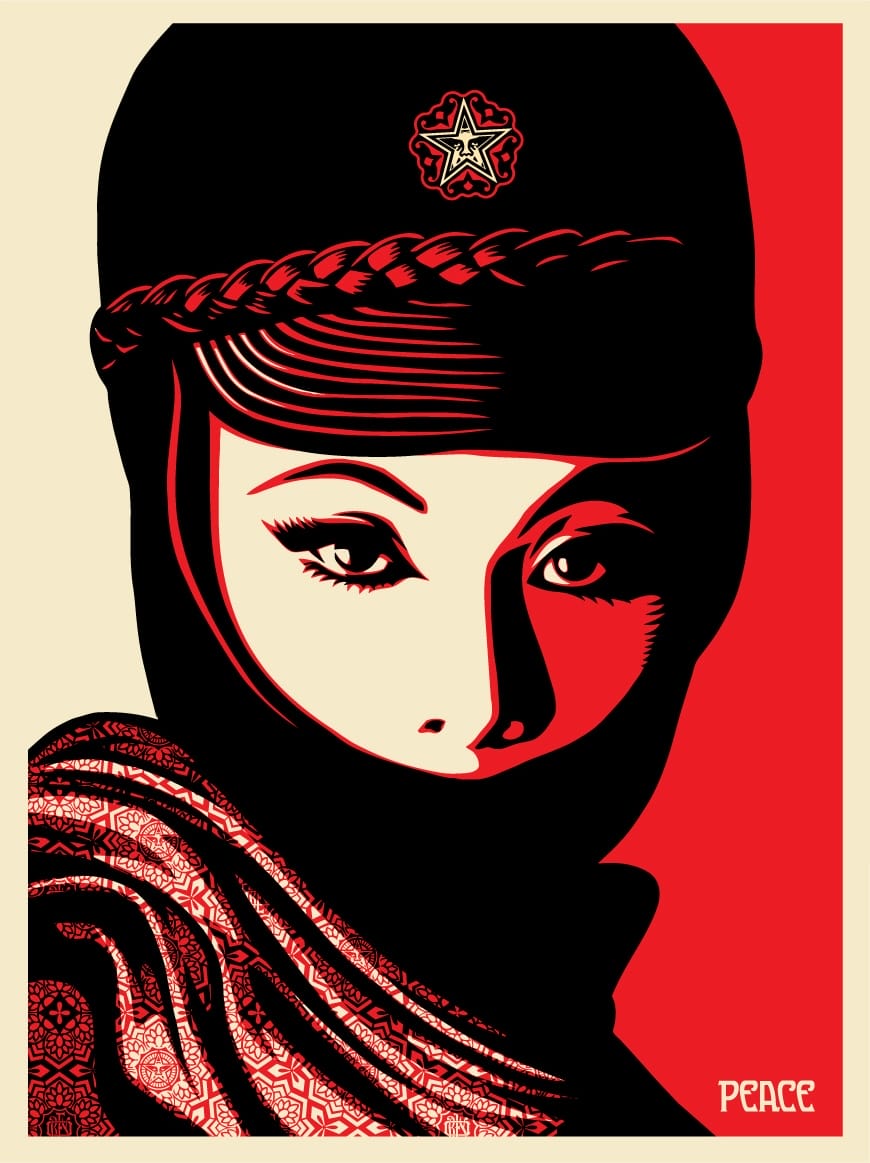 a red, black, and white poster by Shepard Fairey of a woman with a hat on and a face covering