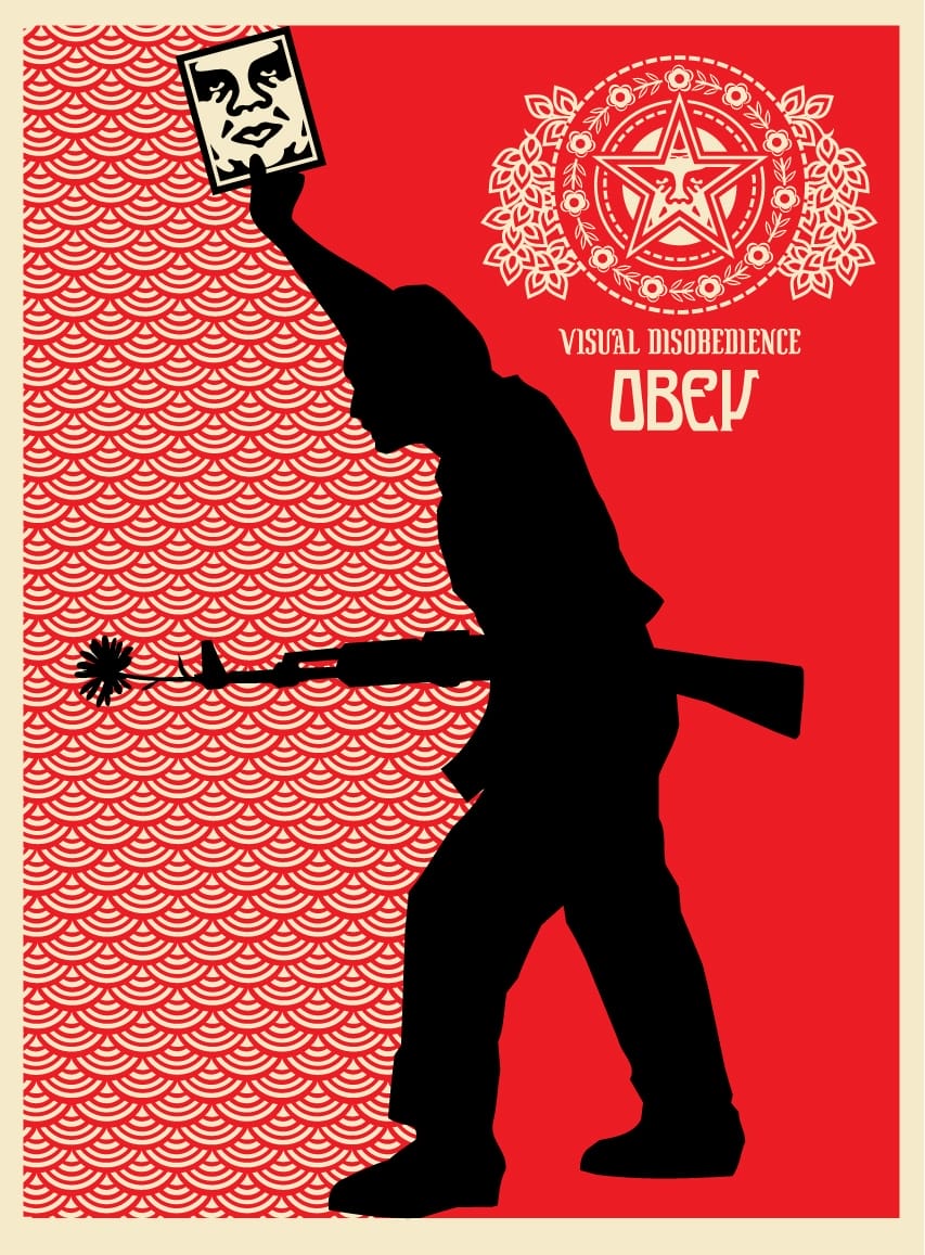 a red, black, and white poster by Shepard Fairey of a man's silhouette, carrying a rifle with a flower at the end of the barrel