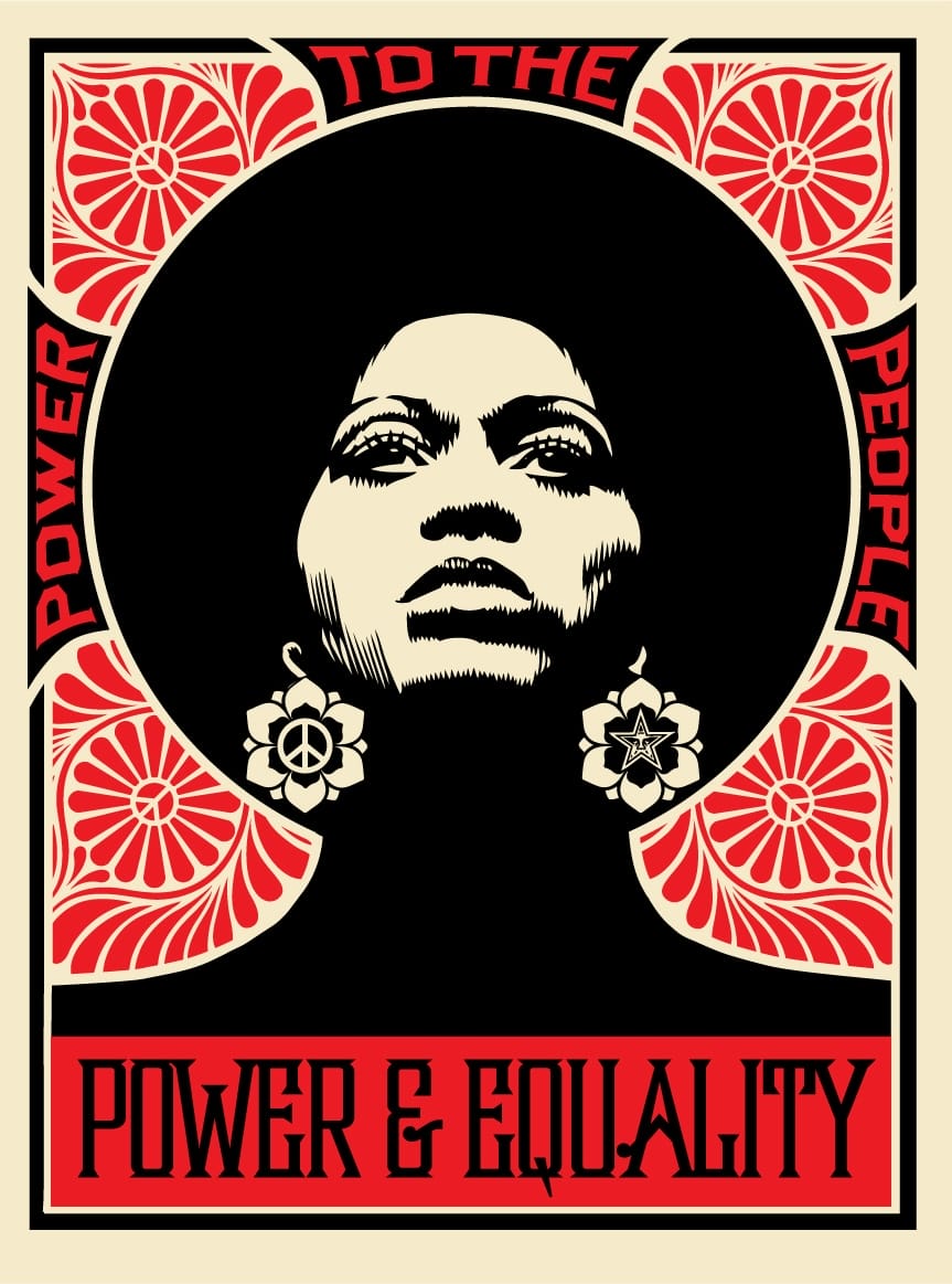 a red, black, and white poster by Shepard Fairey of Angela Davis above the words "power & equality"