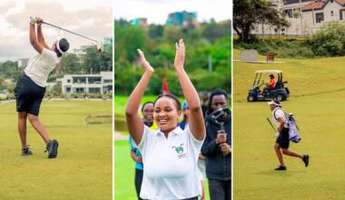 split image of Ishimwe playing golf and carrying her equipment