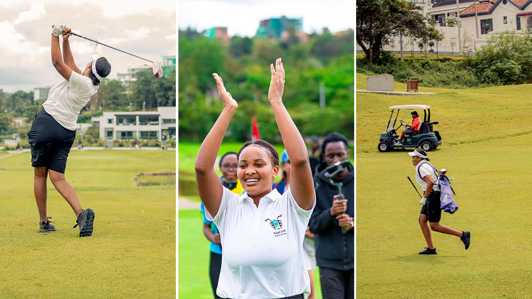 split image of Ishimwe playing golf and carrying her equipment