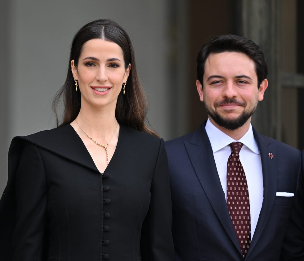 Crown Prince of Jordan Hussein and his wife Princess Rajwa Al Hussein meet French President Emmanuel Macron