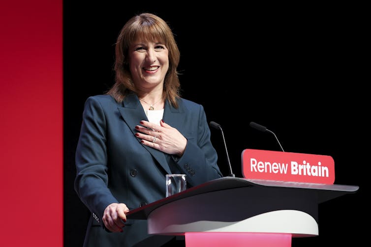 uk chancellor rachel reeves at the lectern at the labour party conference