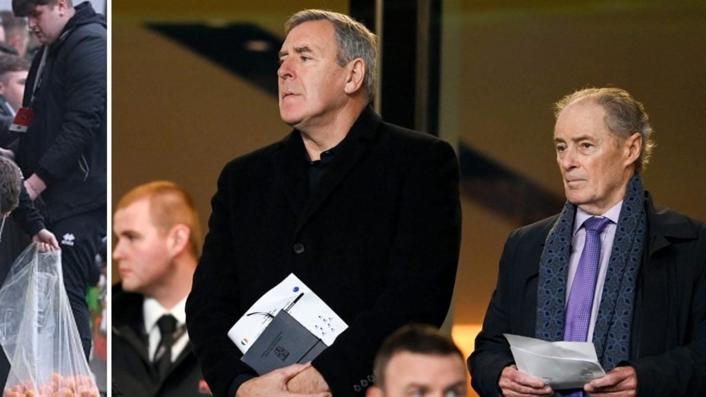 Split image of Celtic hero Pat Bonner and Dundee United staff clearing oranges from the Tannadice pitch after fans protest ticket prices