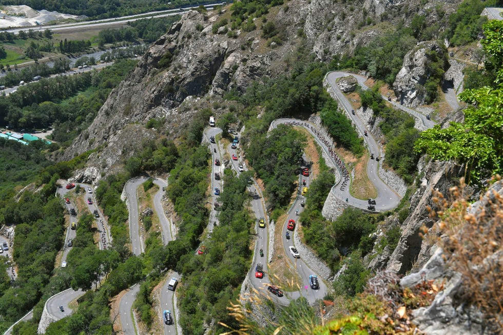 Cycling: 105th Tour de France 2018 / Stage 12 alpe dhuez, france july 19: lacets de montvernier (782m)/ landscape / peloton / during the 105th tour de france 2018, stage 12 a 175,5km stage from bourg saint maurice les arcs to alpe dhuez 1850m / tdf / on july 19, 2018 in alpe dhuez, france. (photo by tim de waele/getty images)