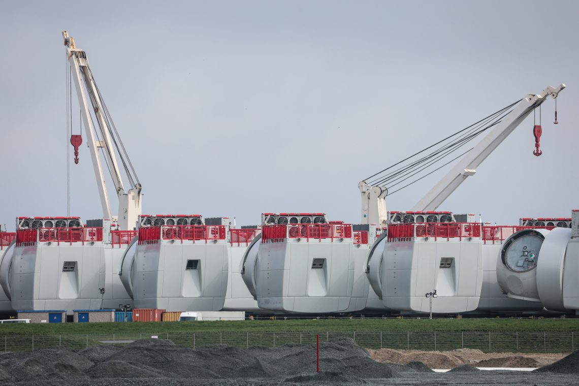 Cuxhaven, Germany, April 22: Nacelles of wind turbines made by German manufacturer Siemens Gamesa stand at Cuxhaven port. The EU is a global leader in producing essential components for wind turbines.