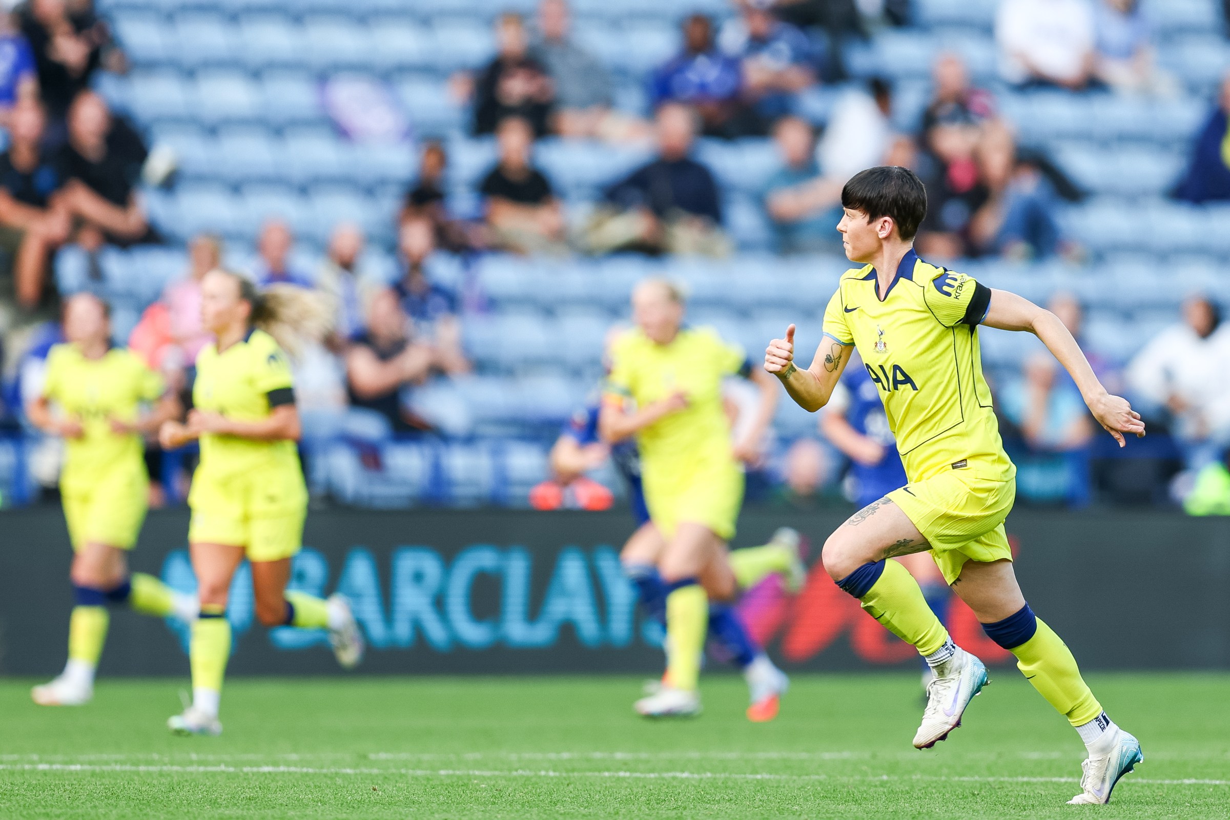 Ashleigh Neville of Tottenham Hotspur races back during the Women’s Super League match between Leicester City and Tottenham Hotspur at the King Power Stadium in Leicester, England, on September 28, 2025. (Photo by Stuart Leggett/MI News/NurPhoto via Getty Images)