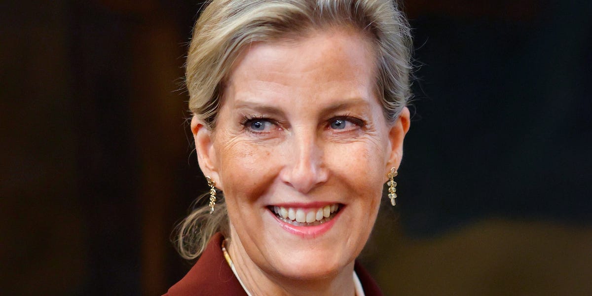 Sophie, Duchess of Edinburgh, pairs autumnal power suit and ‘messy bun’ during surprise football crossover