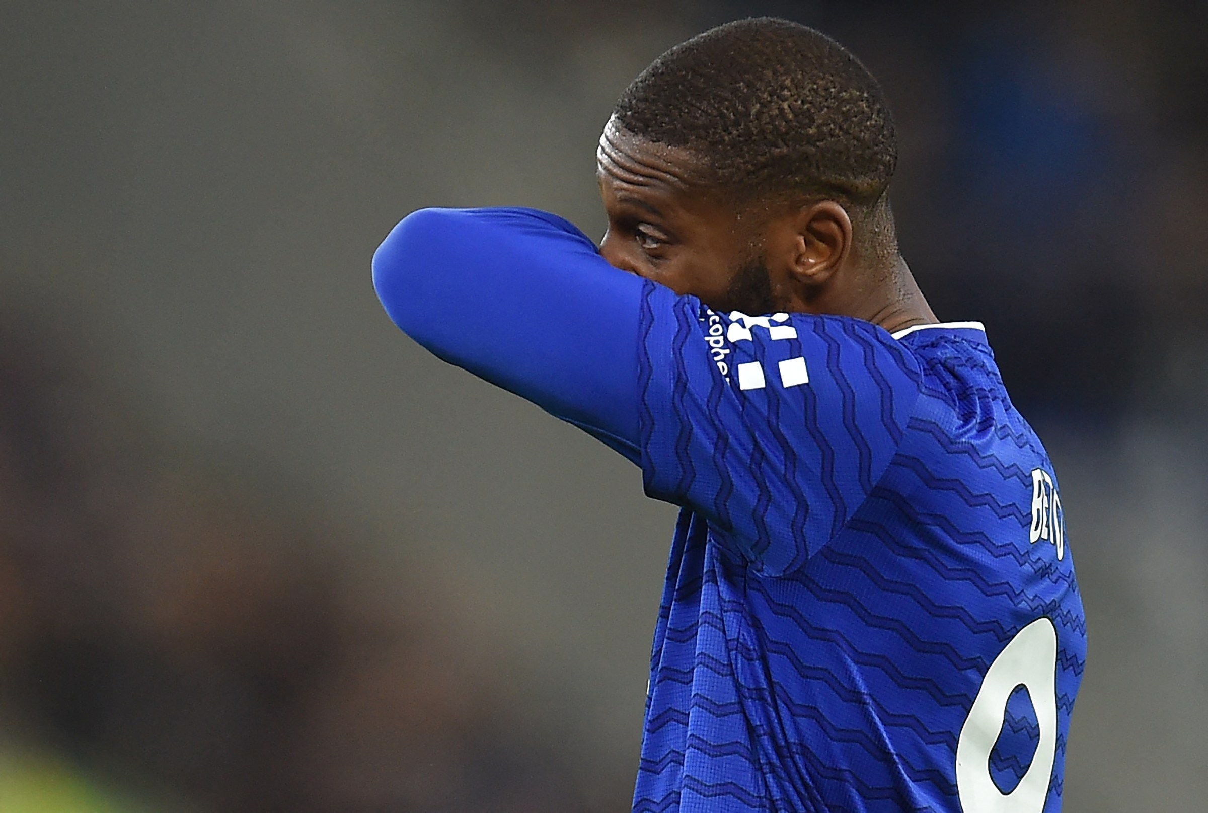 Everton’s Portuguese striker #09 Beto reacts to another chance missed. / (Photo by PETER POWELL/AFP via Getty Images)