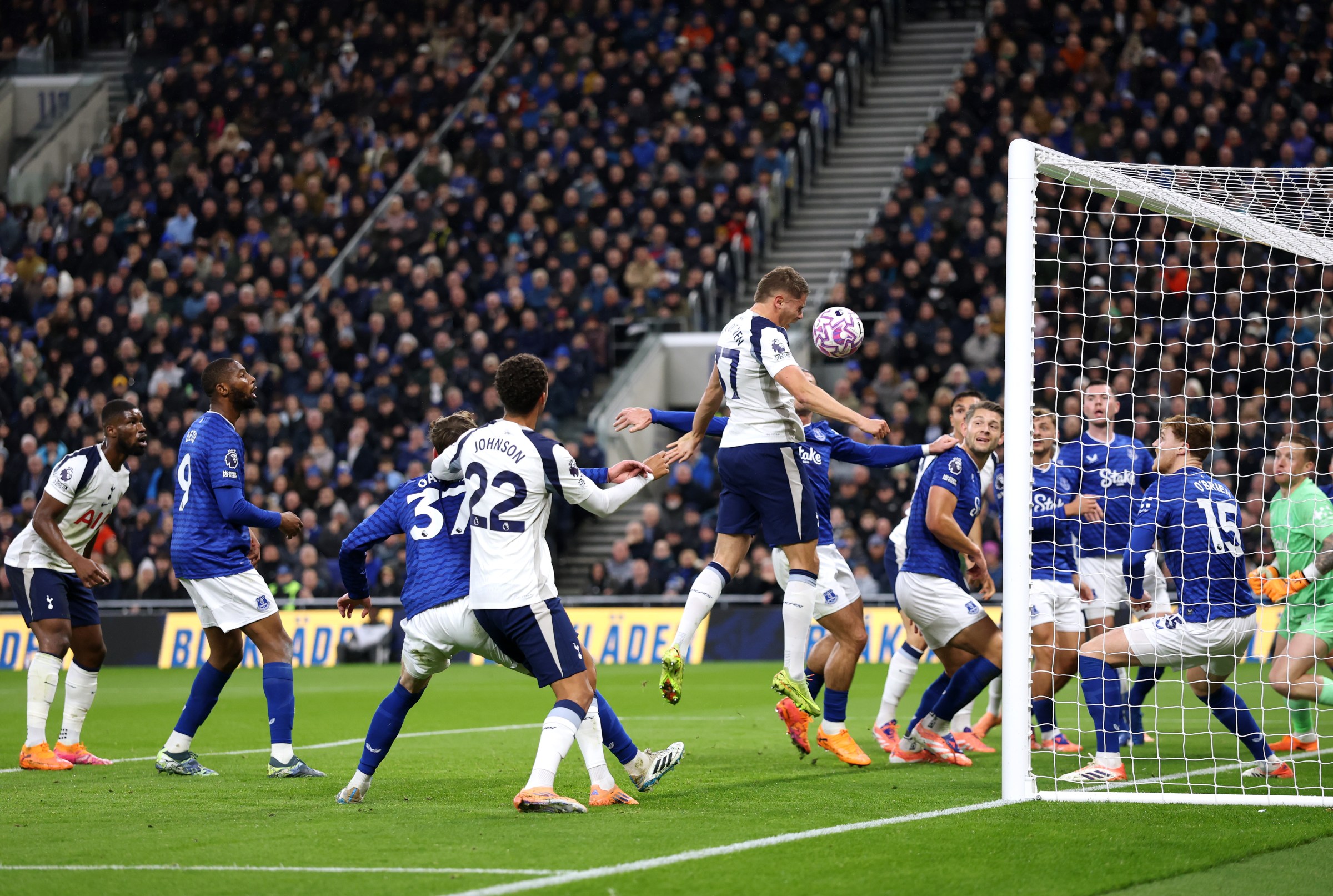 Micky van de Ven of Tottenham Hotspur scores his team’s first goal with a header. (Photo by Carl Recine/Getty Images)