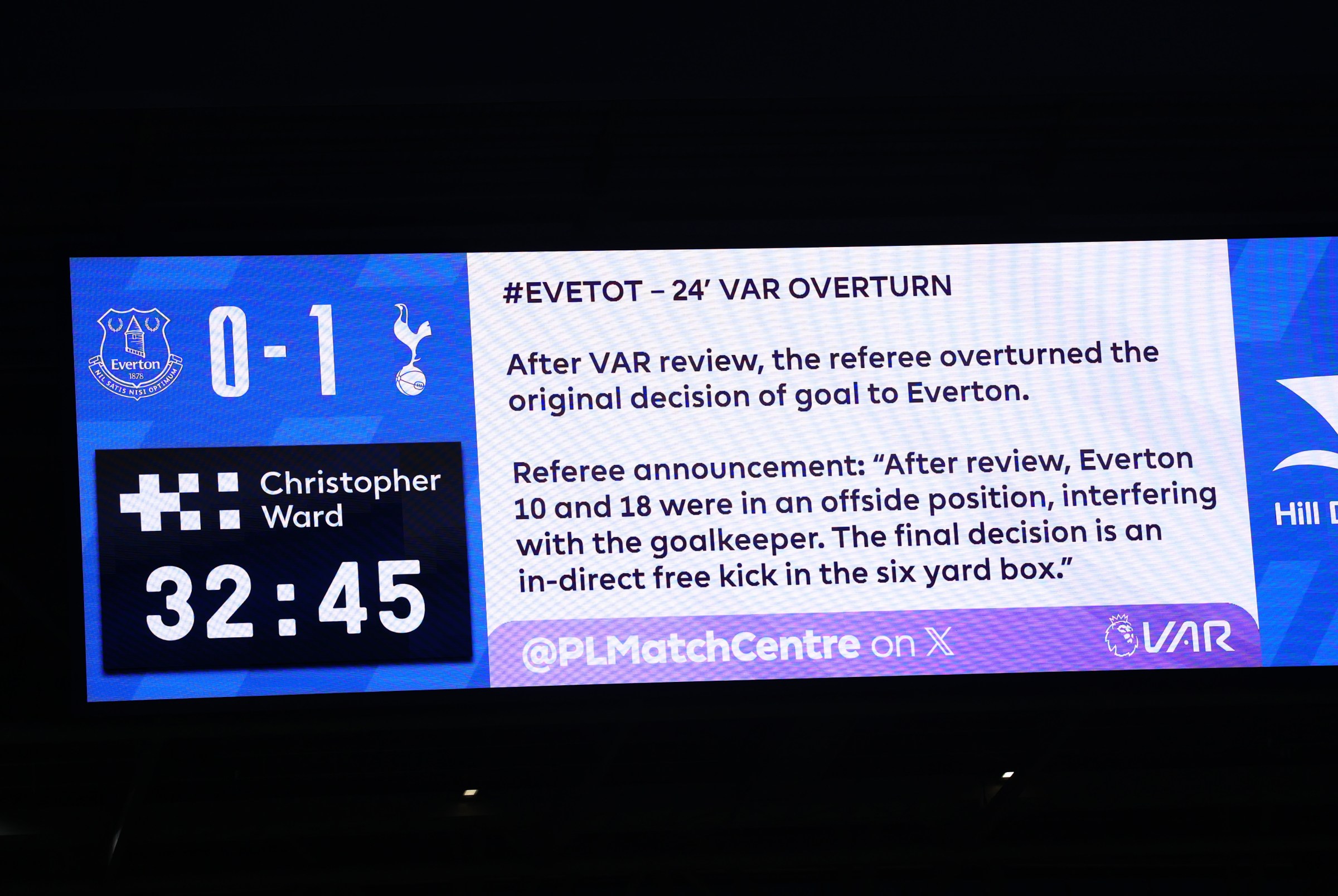 The LED screen displays information after VAR overturn an Everton goal. (Photo by Stu Forster/Getty Images)