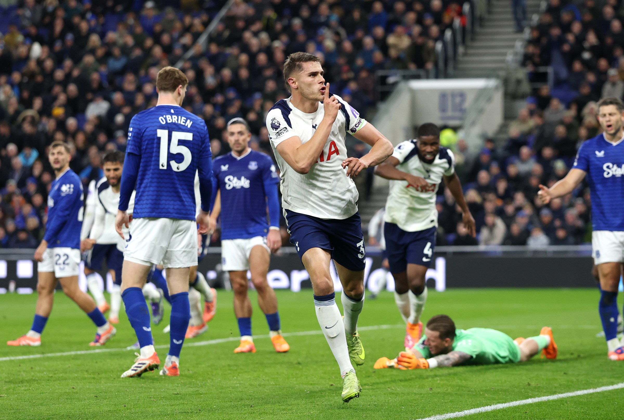 Micky van de Ven of Tottenham Hotspur celebrates scoring his team’s second goal. (Photo by Carl Recine/Getty Images)
