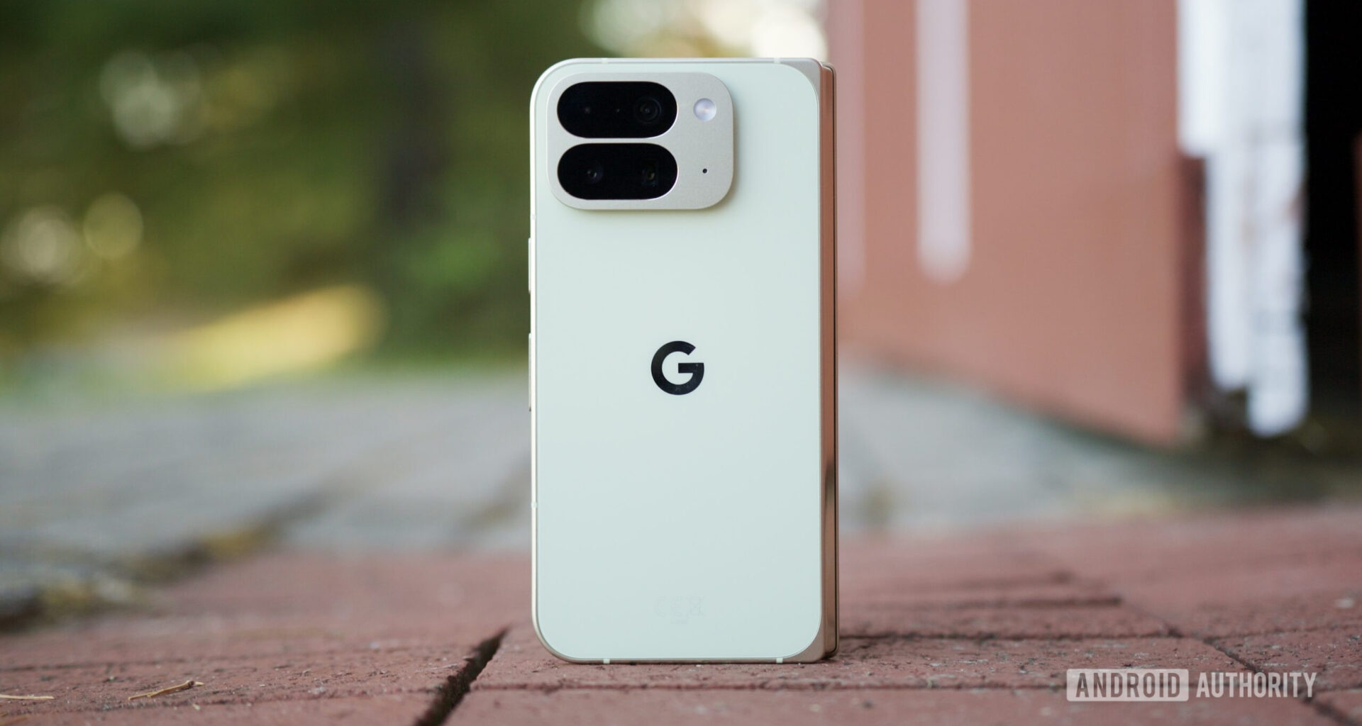 The Google Pixel 10 Pro Fold standing upright outside.