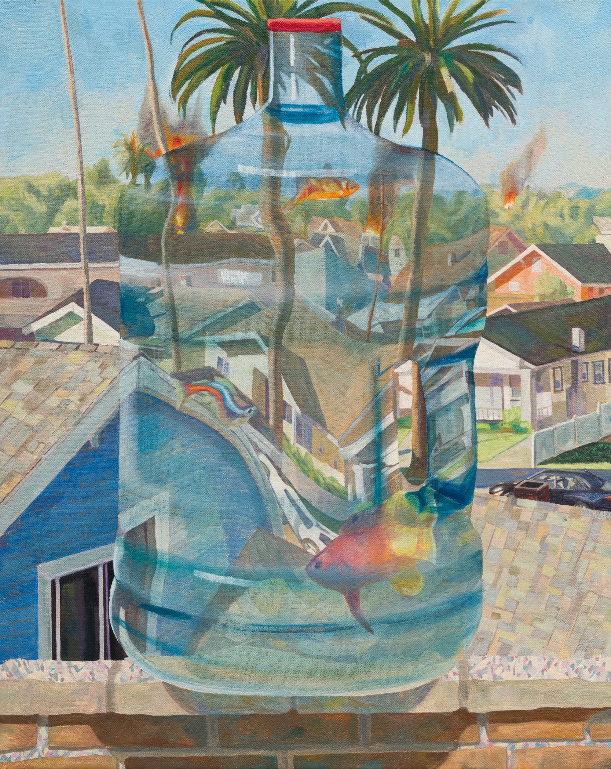 a painting by Elmer Guevara of goldfish in a water jug perched on a ledge