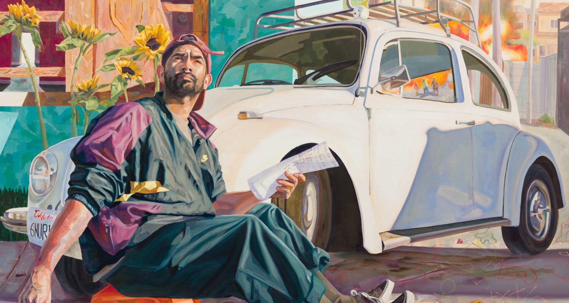 a painting by Elmer Guevara of a man sitting on an orange stool with a dog. a white vintage vw beetle is behind him along with fires
