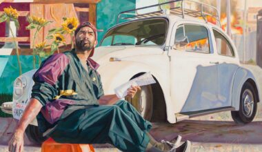a painting by Elmer Guevara of a man sitting on an orange stool with a dog. a white vintage vw beetle is behind him along with fires
