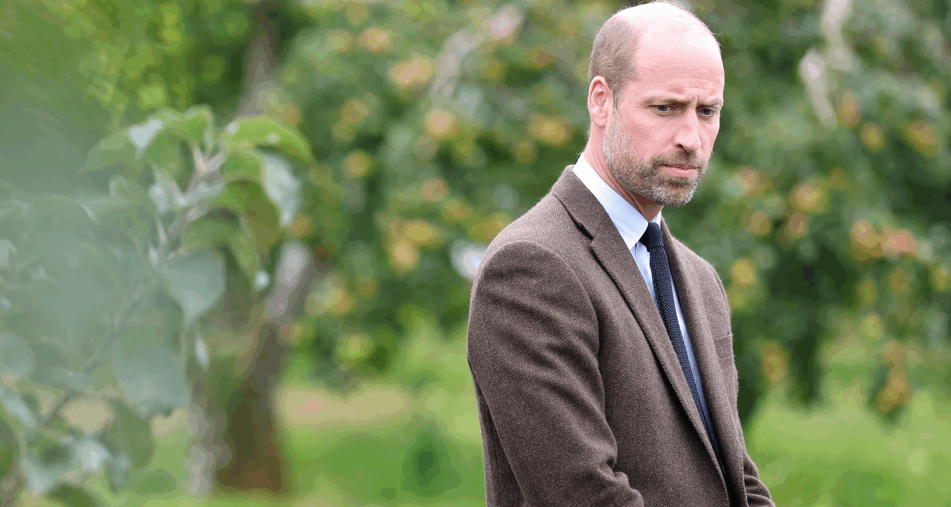 Prince William looking serious in front of an apple tree