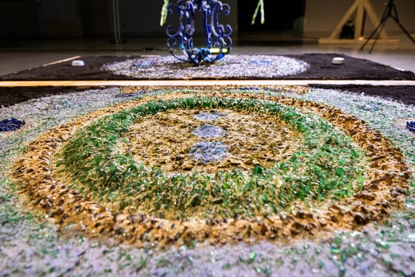 a photograph of an installation in tones of yellow and green