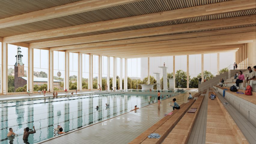Swimming pool with wooden ceiling