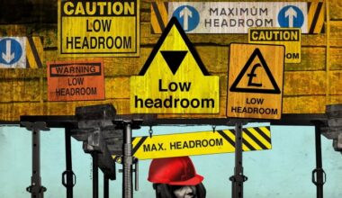 An illustration showing multiple warning signs for &quot;low headroom&quot; above Rachel Reeves’ head in a red hard hat