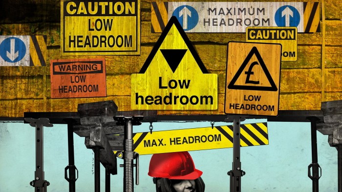 An illustration showing multiple warning signs for &quot;low headroom&quot; above Rachel Reeves’ head in a red hard hat