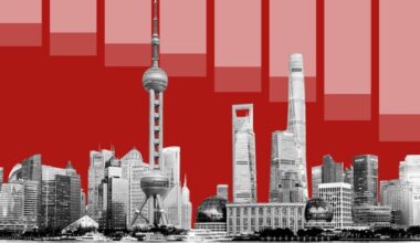 A montage showing the Shanghai skyline in black and white with red bars above