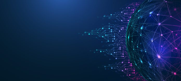 Quantum computer technologies concept. Futuristic blue circuit board background vector. Modern technology circuit board texture background design. Waves flow. Quantum explosion technology.