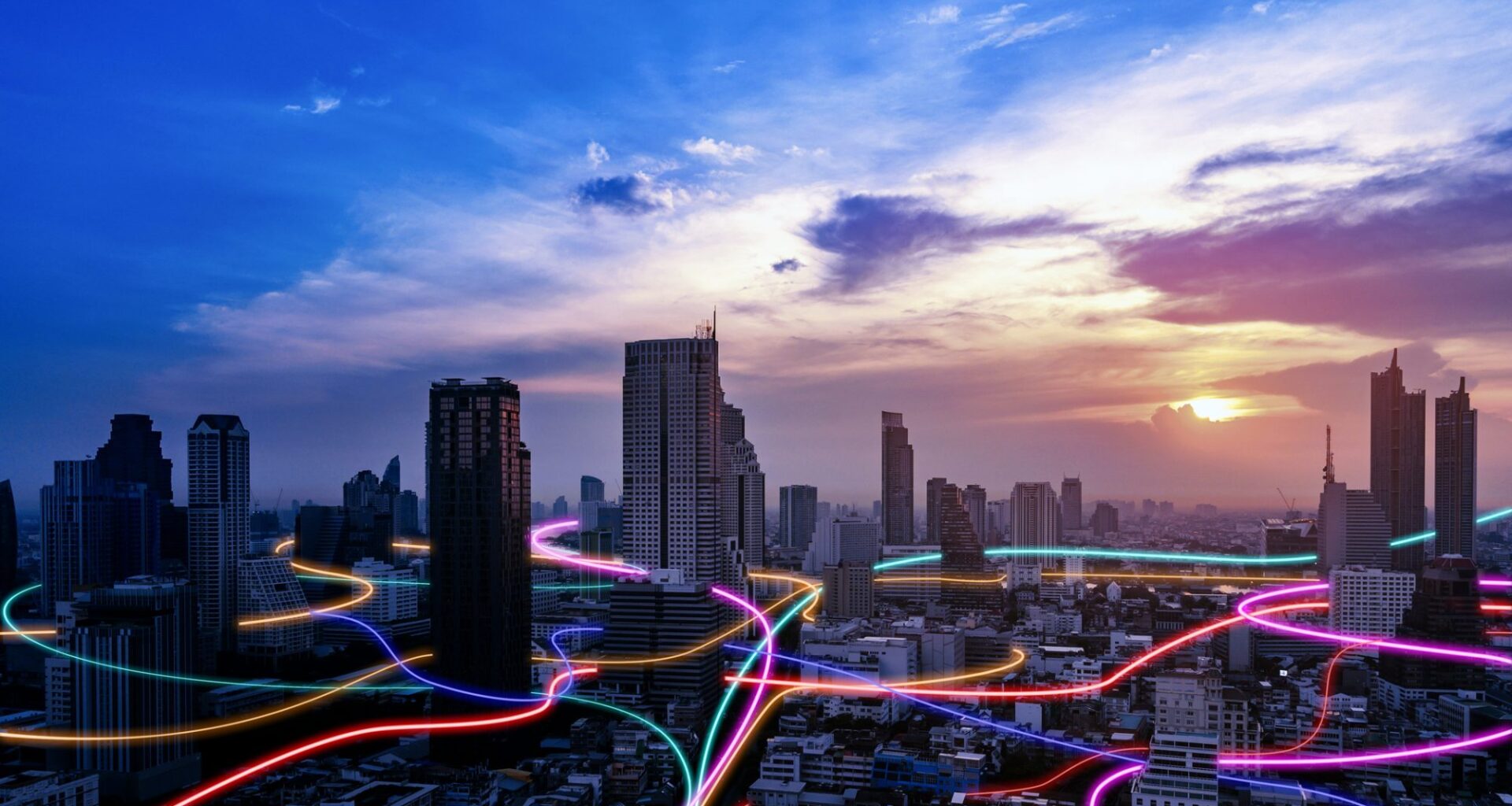 Smart city with speed line glowing light trail surround the city. big data connection technology concept.