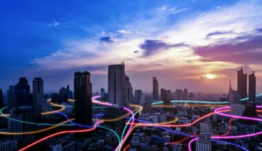 Smart city with speed line glowing light trail surround the city. big data connection technology concept.