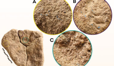 The three areas of blue residue present on the sandstone layer of the stone artifact from Mühlheim-Dietesheim, Germany. Image credit:  Wisher et al., doi: 10.15184/aqy.2025.10184.