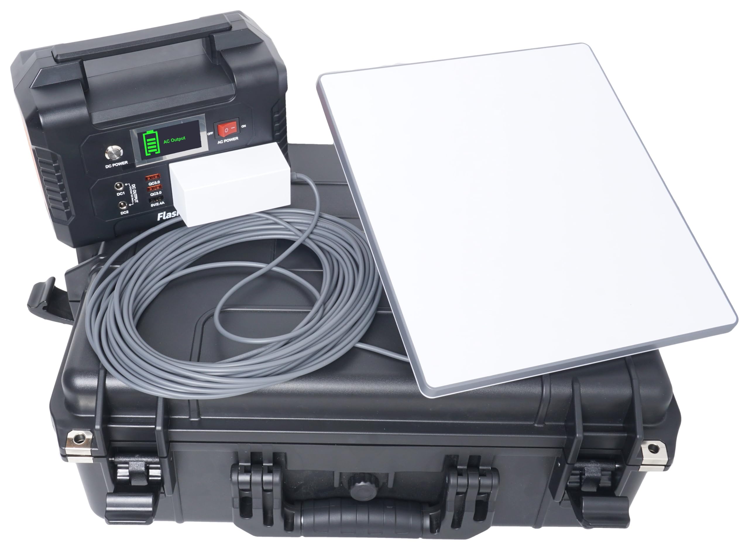 Starlink Mini kit package contents: dish, Wi‑Fi router, power supply, cables, mount.