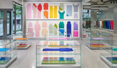pleats please issey miyake store glows in tokyo’s aoyama district