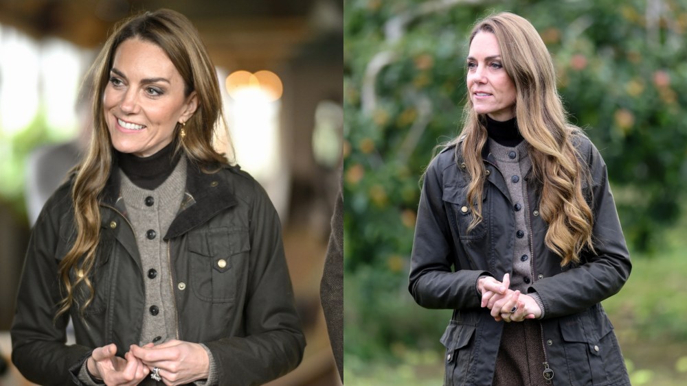 Kate Middleton wears pieces by Ralph Lauren, Barbour and more during her visit to Long Meadow’s orchards during a visit to Long Meadow Cider on Oct. 14, 2025 in Craigavon, Northern Ireland.