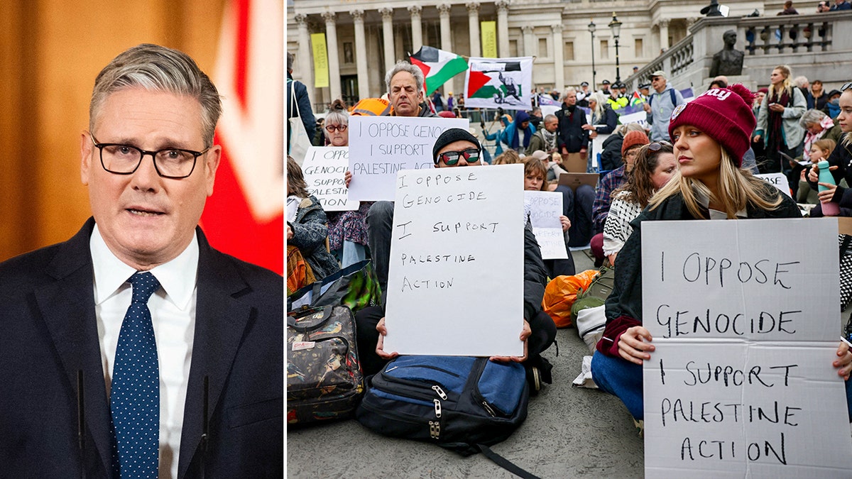 U.K. Prime Minister Keir Starmer shown next to pro-Palestine protesters in London