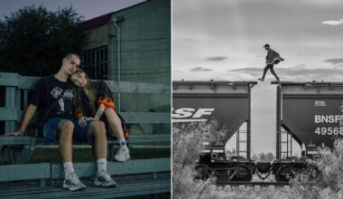 The image is split in two: on the left, a young couple sits on bleachers, the girl resting on the boy’s shoulder; on the right, a person walks on top of a moving train car in black and white.