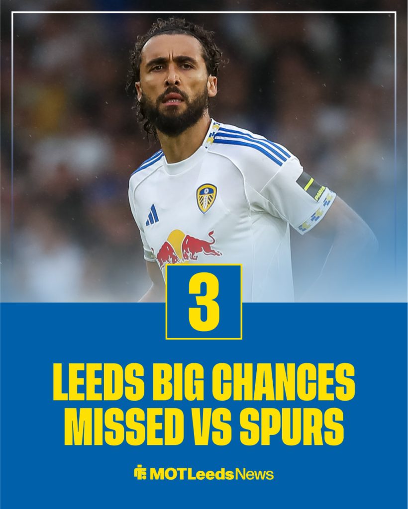 Dominic Calvert-Lewin looks on as a stat shows Leeds missed three big chances vs Tottenham