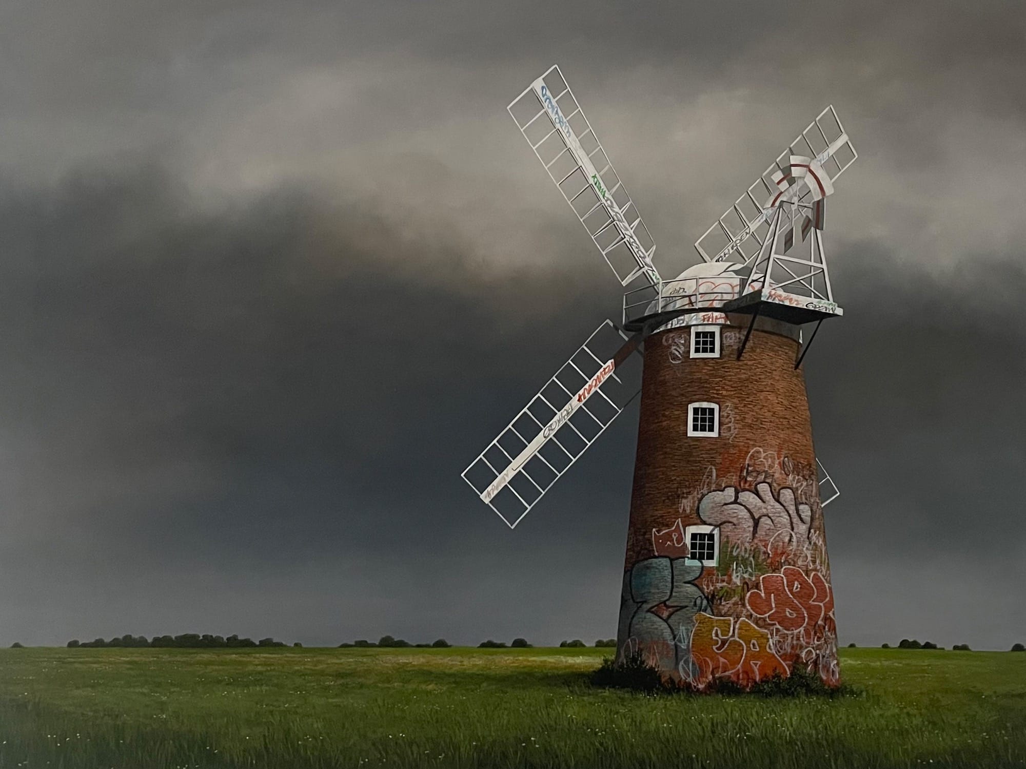 a painting by Lee Madgwick of a windmill on a green lawn against a gray sky