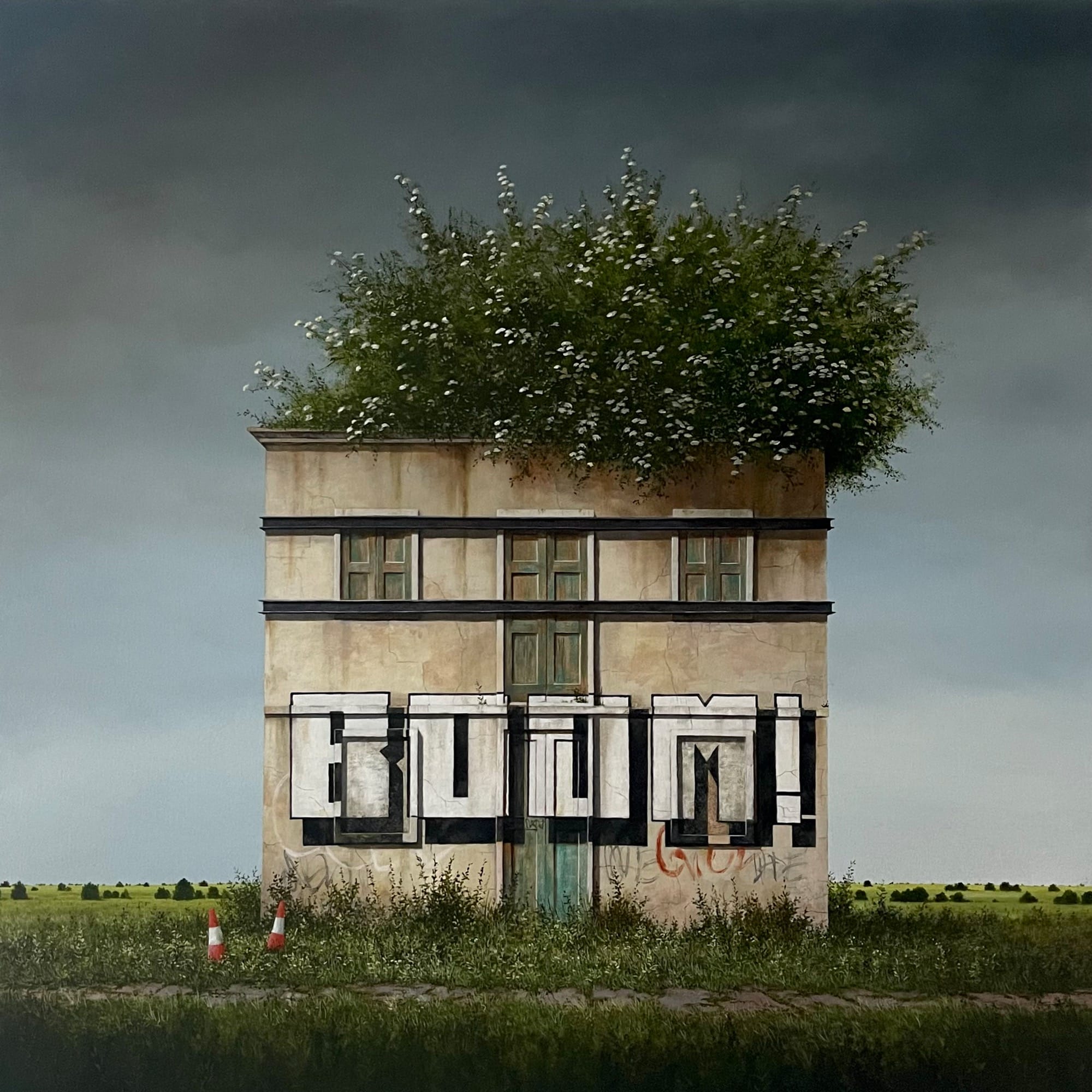 a painting by Lee Madgwick of a dilapidated building with greenery growing out of the top of it, situated on a green lawn below a dark, gray sky