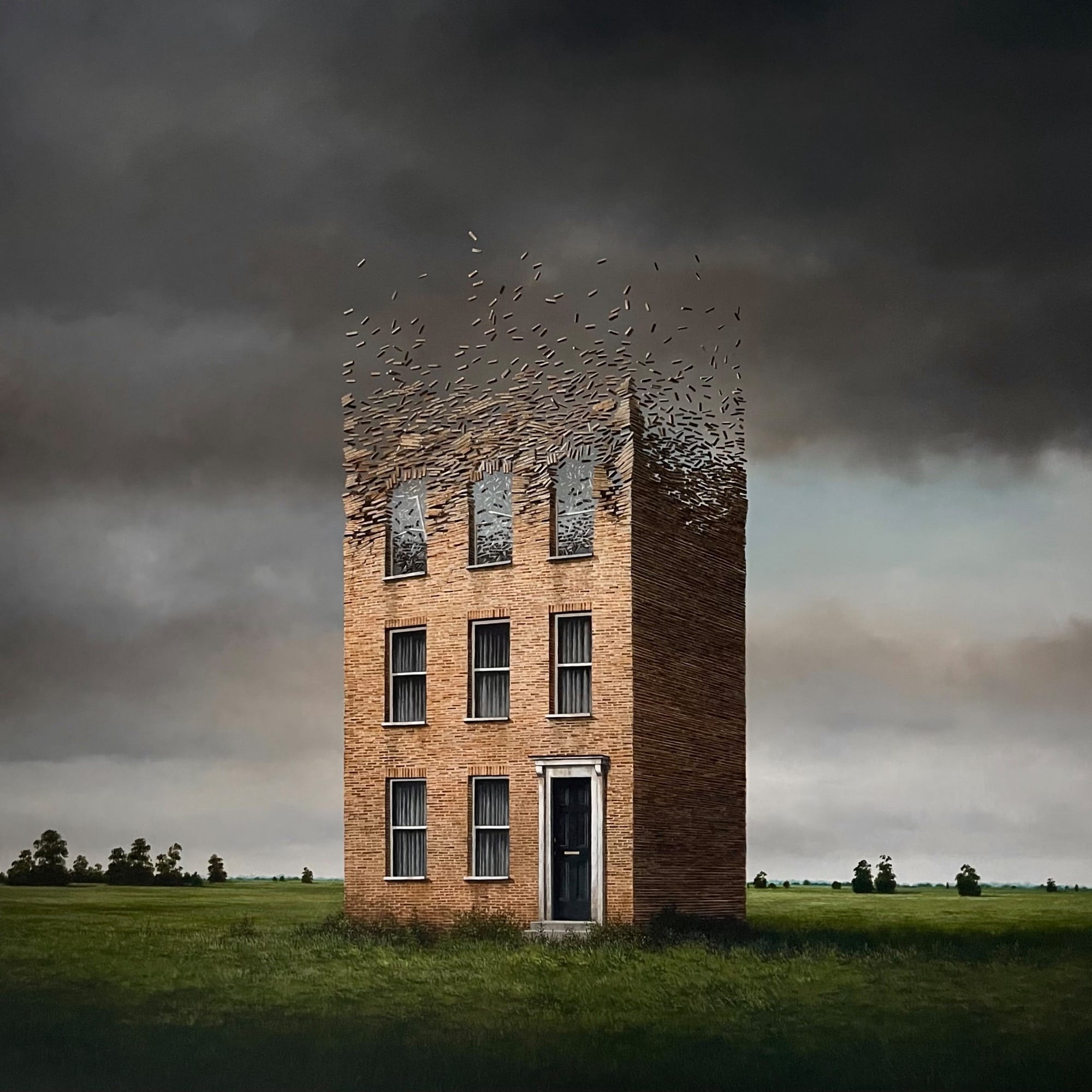 a painting by Lee Madgwick of a brick building on a green lawn, with a top that appears to be disintegrating and floating away against a gray sky