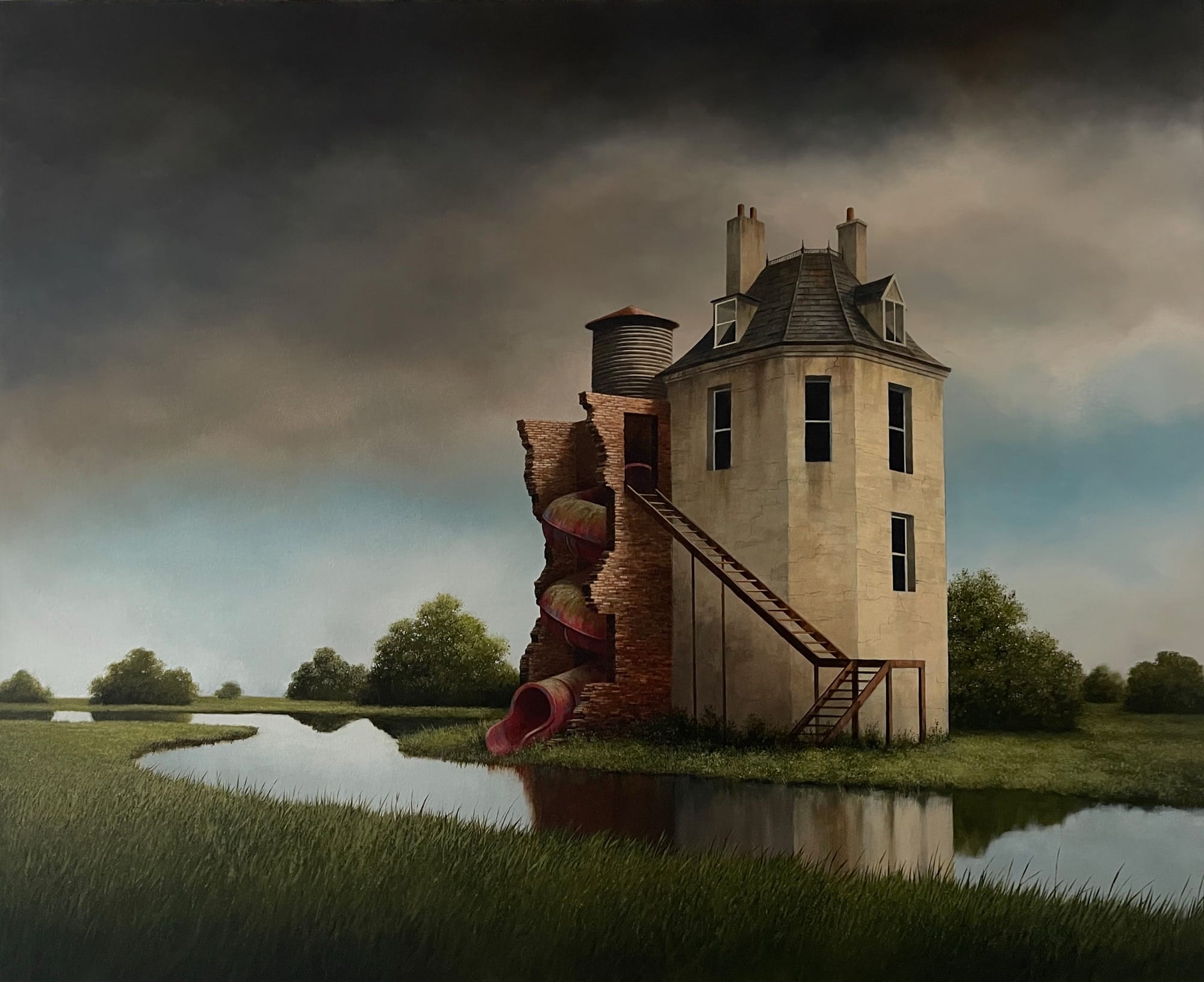 a painting by Lee Madgwick of a partly destroyed building next to a stream under a gray sky