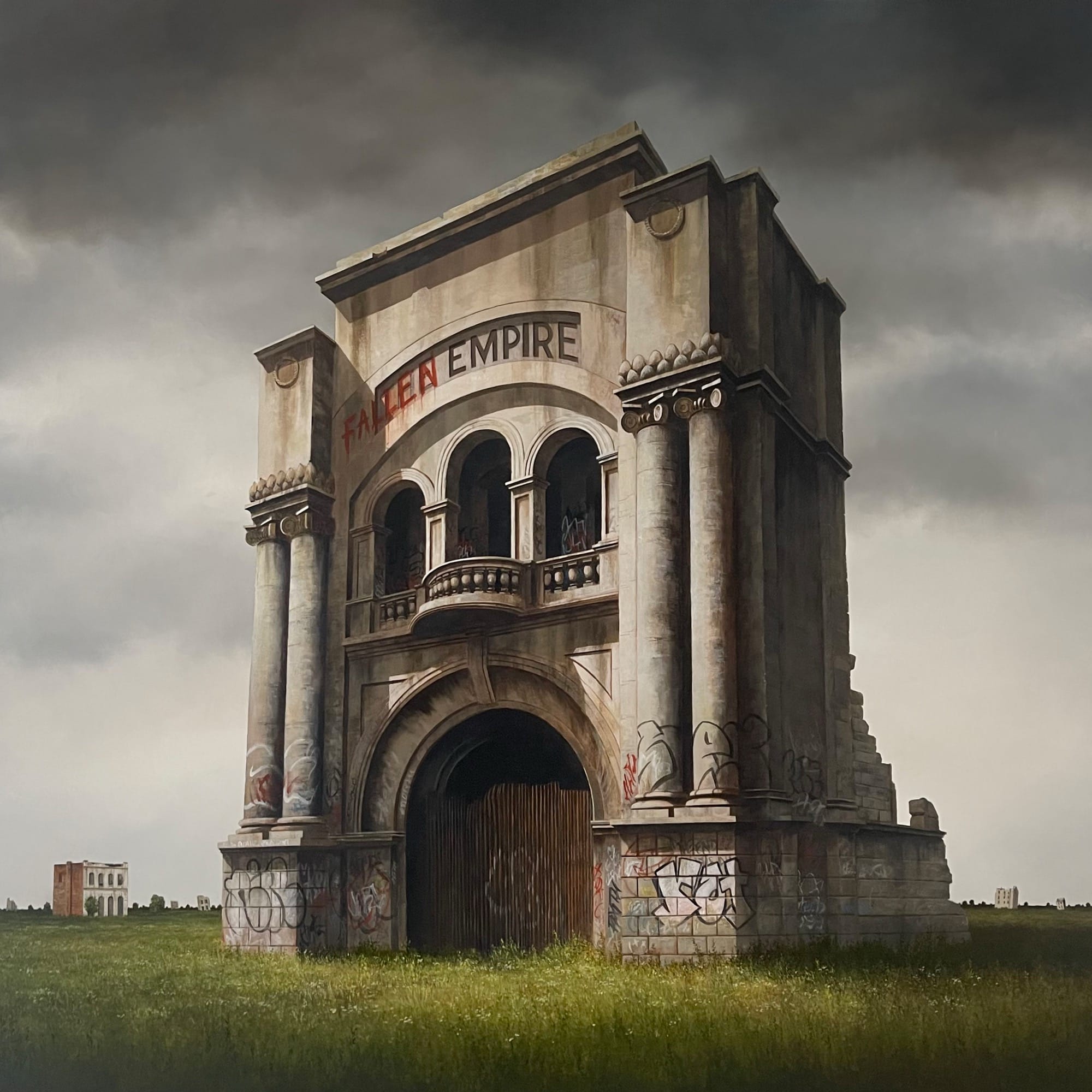 a painting by Lee Madgwick of a neoclassical building facade on a green lawn, under a gray sky