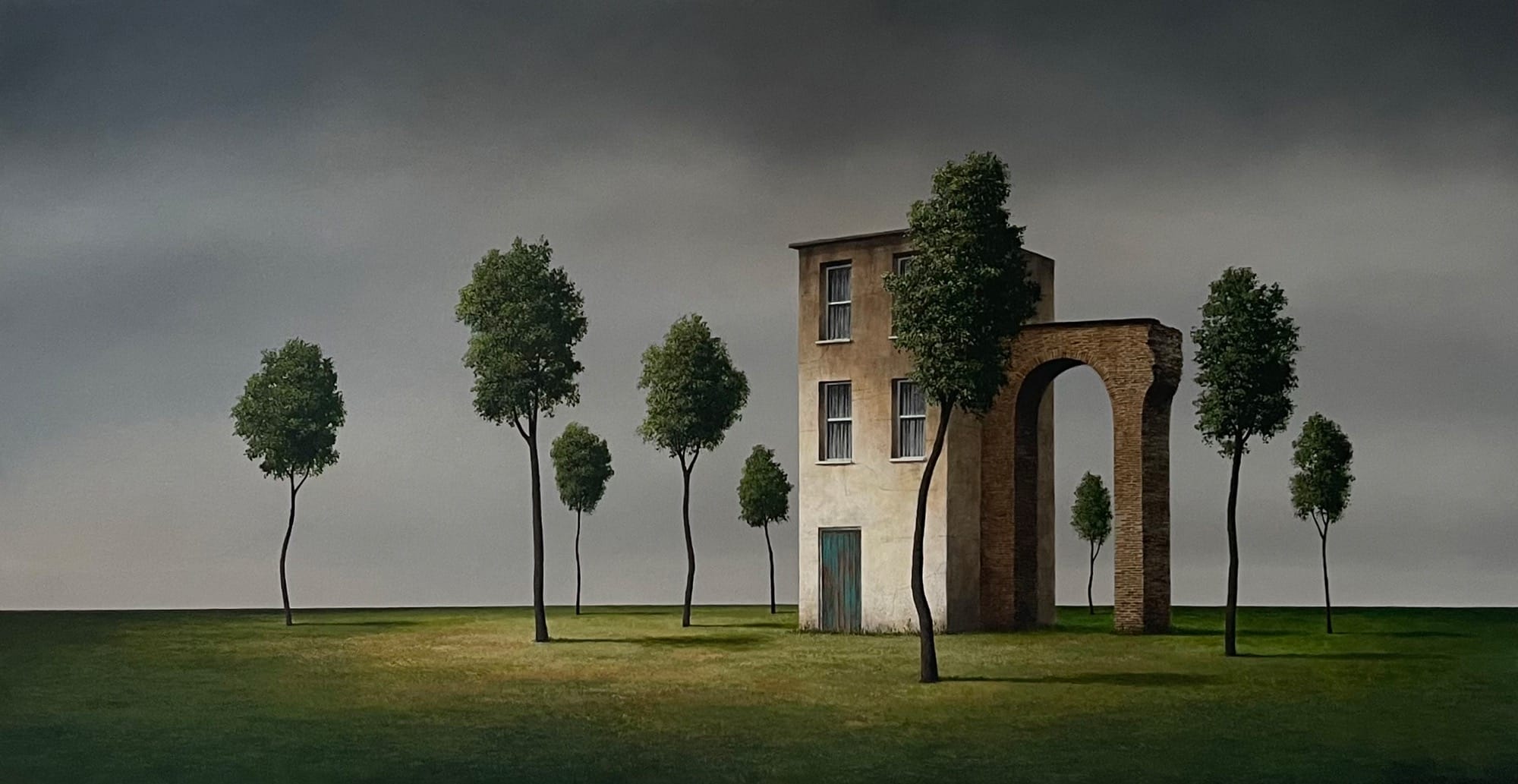 a painting by Lee Madgwick of a building next to skinny trees, on a green lawn, under a gray sky