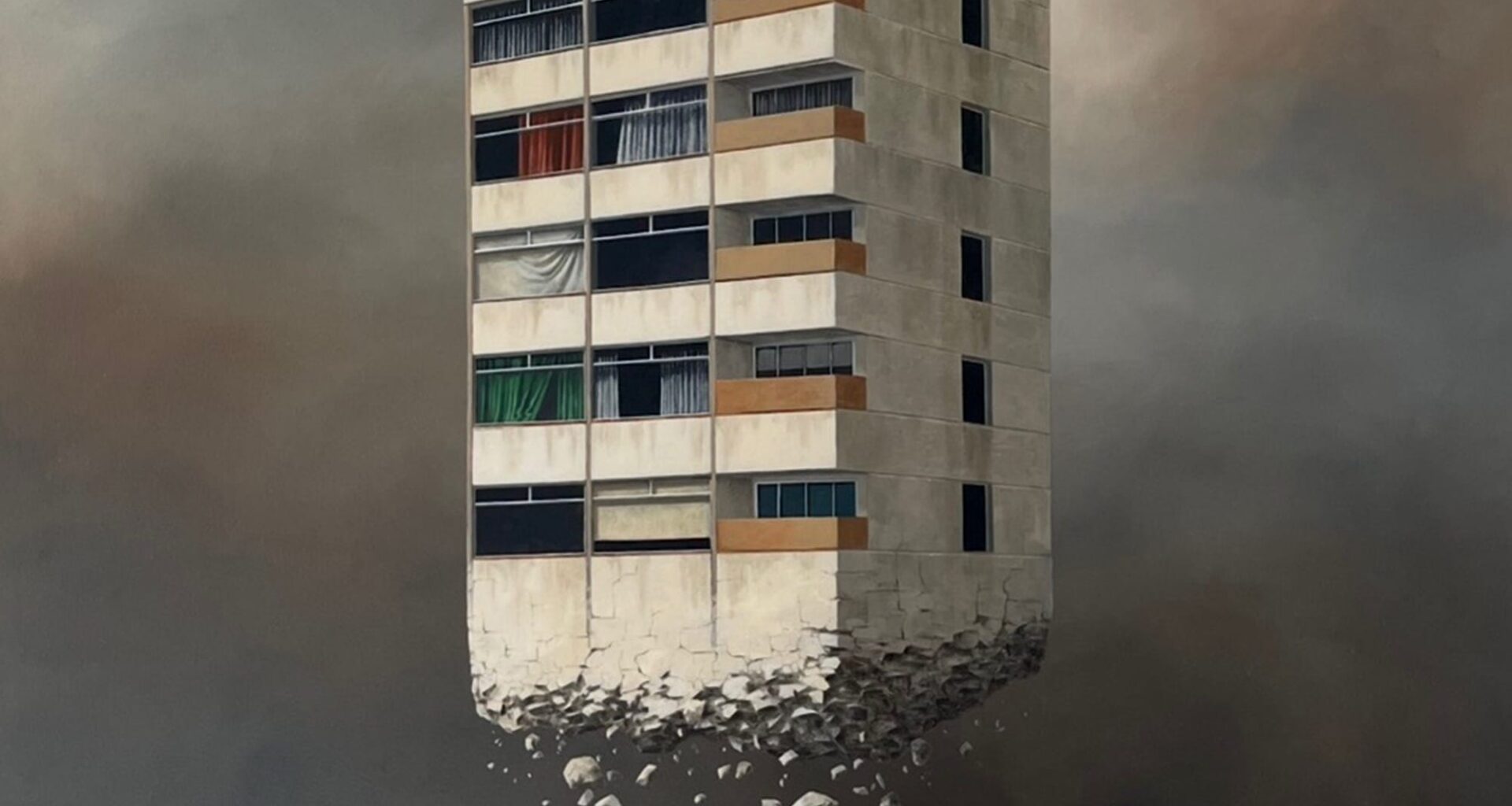 a painting by Lee Madgwick of a modernist apartment building floating over a green lawn, crumbling underneath, under a gray sky