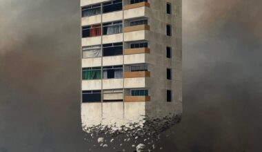 a painting by Lee Madgwick of a modernist apartment building floating over a green lawn, crumbling underneath, under a gray sky