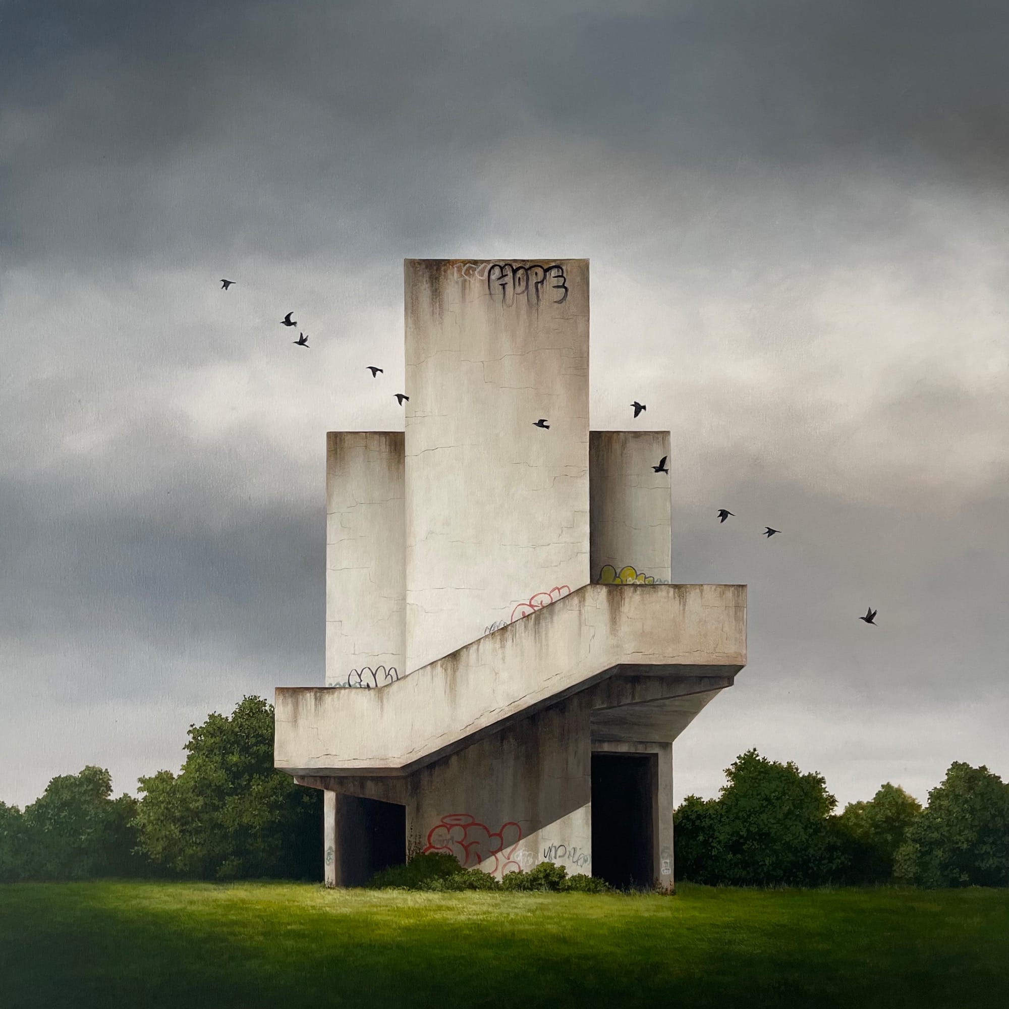 a painting by Lee Madgwick of a modernist building on a green lawn under a dark, cloudy sky