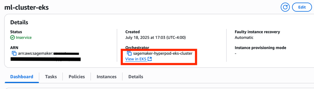 Active ml-cluster-eks details interface showing configuration, orchestrator settings, and management options