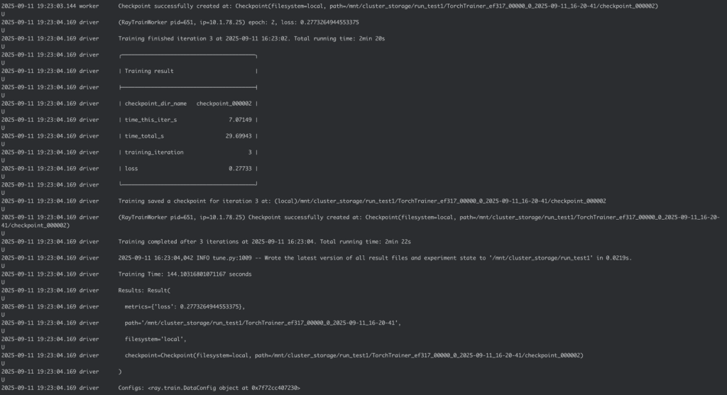 Ray distributed training output displaying worker/driver logs, checkpoints, metrics, and configuration details for ML model training
