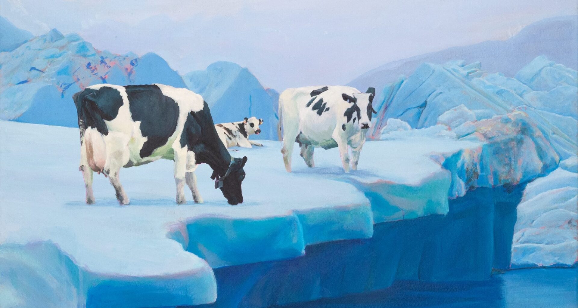 a painting by Murmure of cows grazing on an iceberg
